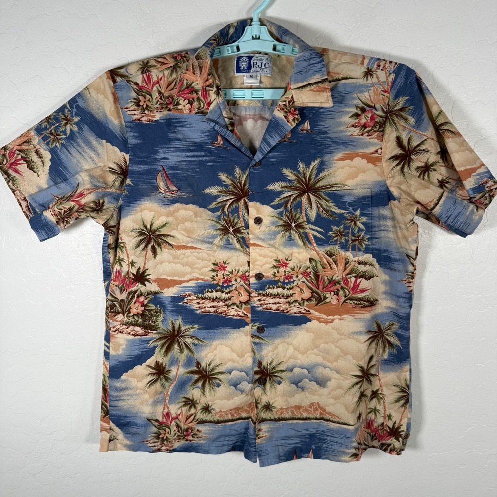 RJC Hawaiian Shirt‎ Mens Medium Blue Tropical Palm Tree Sailboat Cotton Aloha